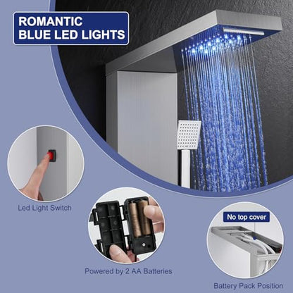 ROVATE 5 in 1 LED Rainfall Waterfall Shower Panel Tower System, Brushed | High Pressure Stainless Steel Shower Column with Tub Spout, Powerful Body Jets, Flexible Handheld, Brass Mixing Valve Body - style: 5 Modes-Brushed-2 Jets