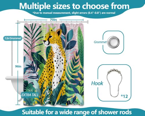 Tropical Leopard Extra Long Shower Curtain, Tall 72x96 in | Tall 96 inch XL, Floor to Ceiling, Pink and Green Natural Leaves Pattern, Waterproof Polyester Fabric, with Metal Hooks - color: Cheetah, size: 70"W x 96"L (Pack of 1)