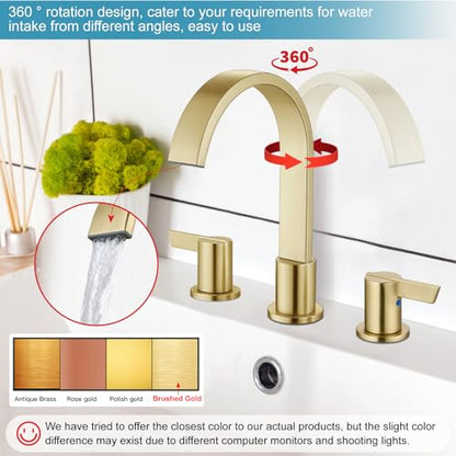 Midanya 8 Inch Widespread Bathroom Sink Faucet 3 Hole,Brushed Gold | Waterfall Swivel Spout,2 Handle,SUS304,with Pop Up Drain,cUPC 24" Water Hose,for 6-16” hole distance vanity,RV,Farmhouse Sink - color: Light Gold