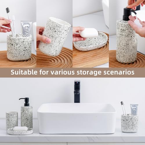 Bathroom Accessories Set 4 Pcs - Featuring Unique Ink-Splattered Design - Ceramic Bathroom Accessory Sets Contain Toothbrush Cup, Soap Dispenser, Soap Dish, Tumbler (White)