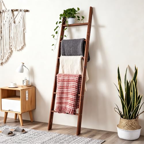 Blanket Ladder for Living Room and Bedroom,6-Tier Decorative Display Ladder Shelf,Ladder Rack for Storage and Decor,Wall Leaning Farmhouse Blanket Storage,Towel Rack, Bathroom,Brown