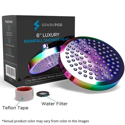 SparkPod Rain Shower Head, 6 Inch Round, Radiant Rainbow Finish | High Pressure Shower Heads, 90 Nozzles, Adjustable Showerhead, No Tools Needed, Universal Connection - color: Radiant Rainbow, style: 6 Inch Round
