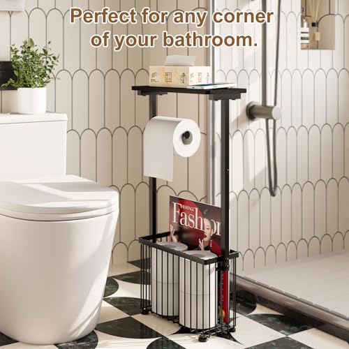 Free Standing Toilet Paper Holder with Storage Shelf – Bathroom Tissue Stand with Space for Phone, Wet Wipes and Magazines – All-in-One Toilet Roll Dispenser and Organizer Holds 4-6 Rolls - size: 28.5" H x 6.3" W x 13.4" D