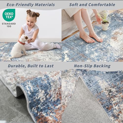 2x5 Washable Kitchen Rug Runner – Non-Slip Abstract Modern Neutral Small Rug for Bathroom, Hallway, Bedroom, Laundry Room, Entryway – Soft Low-Pile Thin with Rubber Backing (Blue Rust, 2x5) - color: Blue Rust, size: 2' x 5' (Rectangular)