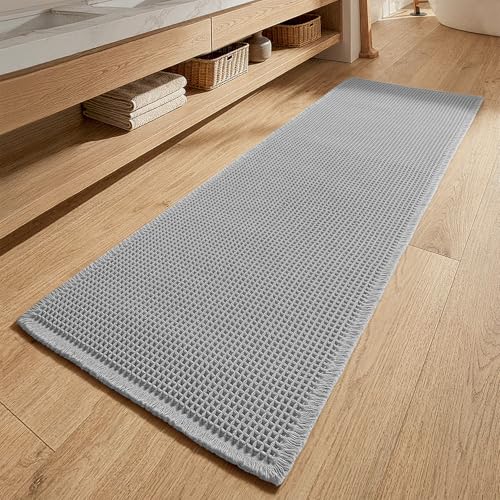 MIULEE Waffle Bathroom Runner Rugs Large Bath Mat 2'x5'(24"x60") Light Grey | Super Absorbent, Non Slip, Upgraded Soft, Quick Dry, Washable, Boho Bath Rug with Tassels for Hallway Laundry Room Bedroom - color: Light Grey, size: 24''x60''