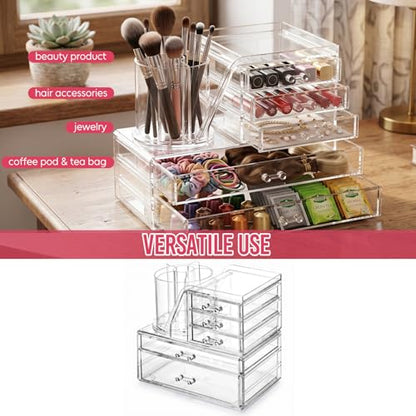 ShineMe Acrylic Makeup Organizers, 2 Tier Stackable Cosmetic Organizer for Vanity with 360° Rotating Makeup Brush Holder & 5 Drawers, Clear Hair Accessory Organizer Countertop for Dresser, Bathroom - size: 2tires, 5 drawers