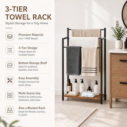 16.9" W Freestanding Towel Rack with Rustic Brown Wood Shelf | 3 Tier Blanket Ladder Stand for Bathroom Living Room, Metal Frame,31.5"H x 16.9"W x7.9"D - color: Rustic Brown, size: 31.5"H x 16.9"W x7.9"D