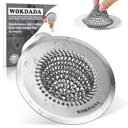 Kitchen Sink Drain Strainer,Patented Reversible Chain Mesh Basket Anti-Clog | Revolutionary Sink Strainer，Easy Clean，Fast Drainage，304 Stainless Steel Rust-Proof，4.4" Large Capacity Food Catcher，Handmade - color: Silver