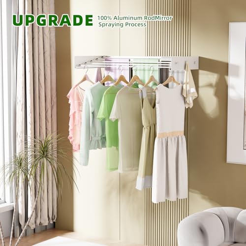 Wall Mounted Drying Rack for Laundry 40'', Folding Drying Rack Clothing Wall Mount with 5 Rods and 6 Hooks, Space Saving for Indoor Outdoor Bathroom Balcony (White, 40'') - size: 40''【6 Hooks】