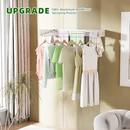 Wall Mounted Drying Rack for Laundry 40'', Folding Drying Rack Clothing Wall Mount with 5 Rods and 6 Hooks, Space Saving for Indoor Outdoor Bathroom Balcony (White, 40'') - size: 40''【6 Hooks】