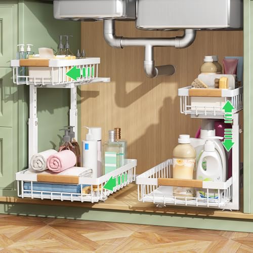 Kitstorack Under Sink Organizer, 2 Tier Under the Sink Storage, Slide out Pull out Cabinet Organizer Shelf, Metal Sliding Drawer for Kitchen Bathroom Pantry Closet Organization Rack, White, 1 Pack - color: White, size: 1 Pack