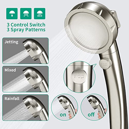 High Pressure Shower Head with Handheld, Brushed Nickel | On Off Shower for RV, Water Saving Shower Head with Stop Button and 3 Modes, Detachable RV Shower Head with Hose and Bracket - color: Brushed Nickel