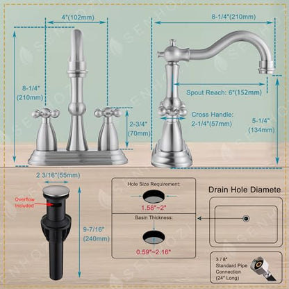 Stainless Steel Centerset Bathroom Faucet with Overflow Pop Up Drain, 3 Hole, Brushed Nickel - color: Brushed Nickel