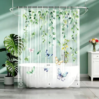 Clear Eucalyptus Leaves Butterfly Shower Curtain Liner, Plastic Transparent Green Plant Shower Curtains for Bathroom, 72x72 Weighted Magnetic Shower Curtain Set with 12 Hooks - color: Clear Eucalyptus Leaves, size: 72"W x 72"L (Pack of 1)