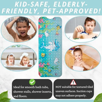 ENKOSI Non-Slip Bath & Shower Mat 40x16 Extra Long, Suction & Drain Holes | Fun dolphin print for kids; Durable PVC; 40x16 in, Dolphin - color: Dolphin Print