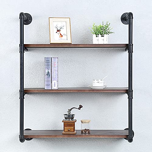 Industrial Pipe Shelves With Wood Planks,Rustic Pipe Shelving Wall Shelf | Metal Pipe Solid Pine Wood,Easy to Assemble,Wooden Board Thickness 0.78 In,For Bar Farmhouse Kitchen Office Bathroom,Bedroom - color: 3-layer, size: 30in