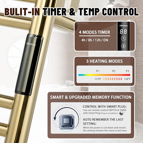 K&KALONZO Wall-Mounted 9-Bar Heated Towel Rack, Fast Heat in 2 Min, NTC Safety | 4 Timers & 3 Heat Levels Control, Plug-In/Hardwired, Top Hooks, Memory Function, Anti-Scald, Stainless Steel, EL13ST - color: Polished Gold, size: H 19.7 x W 23.6