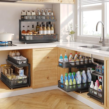1 Pack-16"D Under Sink Storage Organizer with 2-Tier Slide Out Drawer, Sophisticated Mesh Pull Out Shelf for Kitchen & Bathroom, Fits Small Items, Upgraded Arched Track for Smooth Gliding-Black