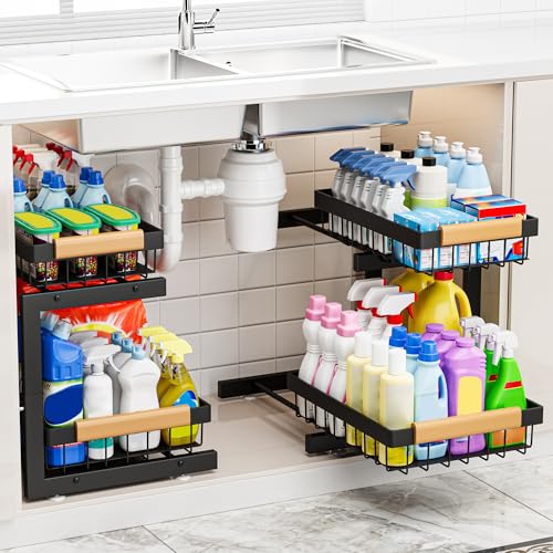 ADBIU Under Sink Organizer 2 Packs 2 Tier Expandable Height Under-Sink Organizers Slide Out Pull Out Organizer Shelf, Black - color: Black, size: X-Large