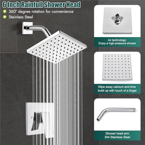 Heyalan 6-Inch Shower Faucet Set with Tub Spout and Valve,Polished Chrome | 6-inch square rainfall head, tub spout with diverter, male-thread rough-in valve, single-handle control and wall-mount design - color: Polished Chrome, size: 6 Inch Square Shower