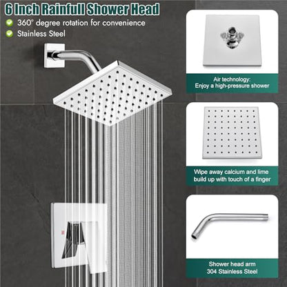 Heyalan 6-Inch Shower Faucet Set with Tub Spout and Valve,Polished Chrome | 6-inch square rainfall head, tub spout with diverter, male-thread rough-in valve, single-handle control and wall-mount design - color: Polished Chrome, size: 6 Inch Square Shower