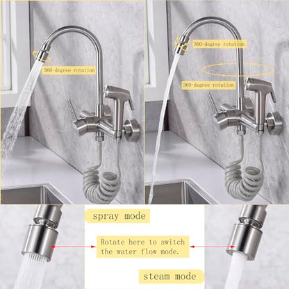 Wall Mount Kitchen Faucet with Side Sprayer, Commercial Sink Faucet 8 Inch Center, 360 Swivel Spout, Dual Functional Sprayer, Utility Sink Mixing, 304 Stainless Steel, Brushed Nickel Finish - color: E Style, Nickel Brushed