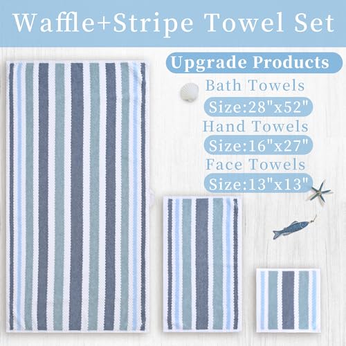 Waffle Towels for Bathroom - Quick Dry | Thick | Lightweight | 500GSM, 2 Large Bath 28"x52", 4 Hand 16"x27", Cotton Polyester Blend Towels, Shower Towel with Hanging Loops, Blue Gray Stripe and White - color: Blue-gray and White, size: 6 PCS Towel Set