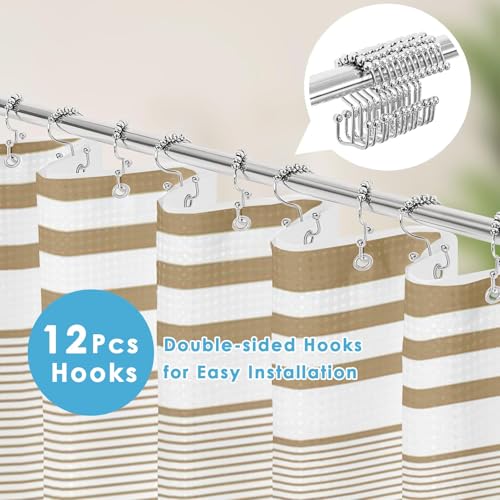 3 in 1 Shower Curtain and Liner,72 x 72 inch, Striped Modern | Navy Blue Modern Modern Double Layers Waterproof Fabric with See Through Top Window Open Grommet Bath Curtain - color: Striped Tan