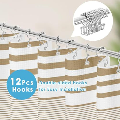 3 in 1 Shower Curtain and Liner,72 x 72 inch, Striped Modern | Navy Blue Modern Modern Double Layers Waterproof Fabric with See Through Top Window Open Grommet Bath Curtain - color: Striped Tan