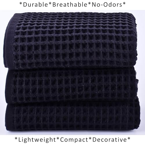 PÜSKÜL Natural 100% Turkish Cotton Waffle Kitchen and Hand Towels, 3-Piece | Black, 32x16" Large, Premium 3D Honeycomb Weave Soft Absorbent Quick-Dry Lint-Free Dish Towel, Oeko-Tex Made in Turkey - color: Black, size: Kitchen & Hand Towels Pack of 3