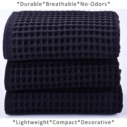PÜSKÜL Natural 100% Turkish Cotton Waffle Kitchen and Hand Towels, 3-Piece | Black, 32x16" Large, Premium 3D Honeycomb Weave Soft Absorbent Quick-Dry Lint-Free Dish Towel, Oeko-Tex Made in Turkey - color: Black, size: Kitchen & Hand Towels Pack of 3