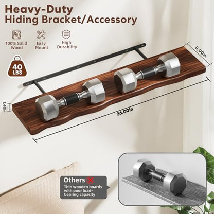 Solid Wood Live Edge Floating Shelves Set of 2 – 36" Rustic Wall Shelf with Hidden Bracket System, Wall Mounted Shelves for Bathroom, Kitchen, Living Room, Bedroom (Walnut) - color: Walnut, size: 36inch
