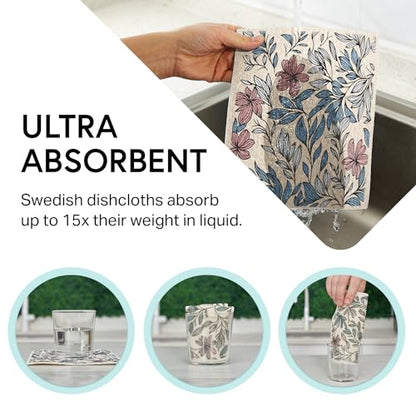 Swedish Wholesale Dishcloths Reusable 8" x 7" Sponge Cloths, Bulk 10 Pack of High Absorbent Cellulose Dish & Kitchen Cleaning Hand Towels, Wring to Dry & Machine Wash, Odor Resistant, Mini Flower - color: Mini Flower