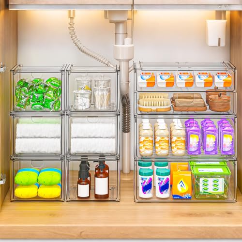 6-Pack Acrylic Stackable Storage Drawers for Vanity, Desk, Bath | 2 large & wide 13" drawers, Smooth-glide, stackable, clear body, dustproof, wipe clean, for makeup, pantry jars, under sink - style: 2 Large+4 Medium Drawers