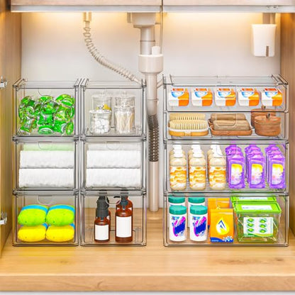 6-Pack Acrylic Stackable Storage Drawers for Vanity, Desk, Bath | 2 large & wide 13" drawers, Smooth-glide, stackable, clear body, dustproof, wipe clean, for makeup, pantry jars, under sink - style: 2 Large+4 Medium Drawers
