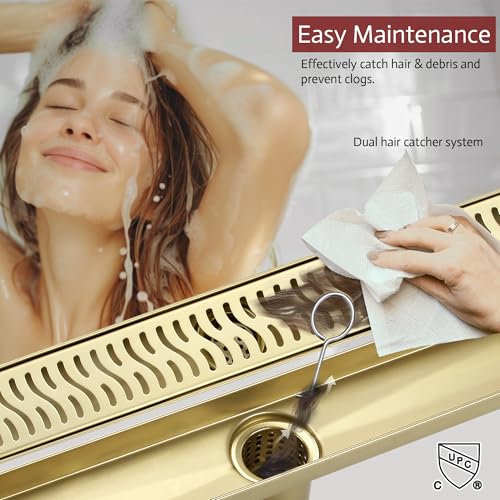 Linear Shower Drain, 24 inch Brushed Gold | Including Hair Catcher and Removable Grate, 304 Stainless Steel, Easy to Install and Clean (Drain Base Not Included) - color: Brushed Gold, size: 24 inch