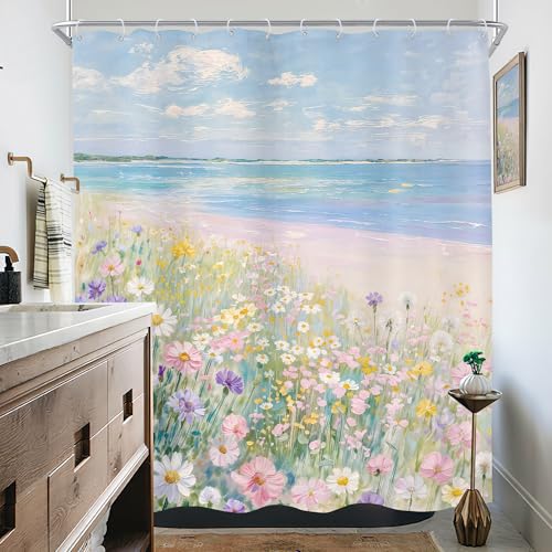 KOMLLEX Blue Ocean Beach Shower Curtain for Bathroom Decor 60Wx72H Inches Pink Ombre Oil Painting Botanical Coastal Aesthetic Wildflower Path Sea Waves Girly Fabric Waterproof Polyester 12 Pack Hooks - size: 60"W x 72"L (Pack of 1)
