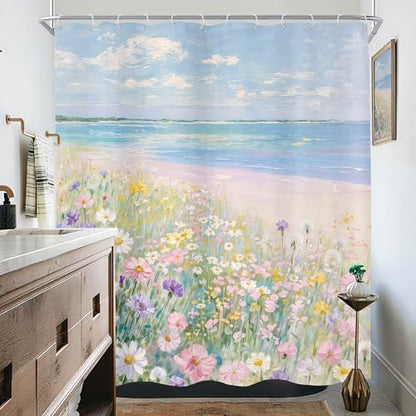 KOMLLEX Blue Ocean Beach Shower Curtain for Bathroom Decor 60Wx72H Inches Pink Ombre Oil Painting Botanical Coastal Aesthetic Wildflower Path Sea Waves Girly Fabric Waterproof Polyester 12 Pack Hooks - size: 60"W x 72"L (Pack of 1)