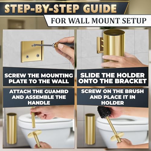 2Pcs Stainless Steel Toilet Brush and Holder Set, Hand Guard (Gold) | Toilet Bowl Brush and Holder, Removable Inner Bowl, Dense Bristles, Long Handle, Scratch Resistant, for Modern Bathrooms - color: Gold Wall-mounted