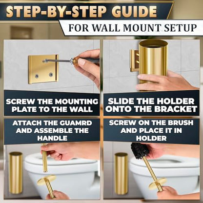 2Pcs Stainless Steel Toilet Brush and Holder Set, Hand Guard (Gold) | Toilet Bowl Brush and Holder, Removable Inner Bowl, Dense Bristles, Long Handle, Scratch Resistant, for Modern Bathrooms - color: Gold Wall-mounted