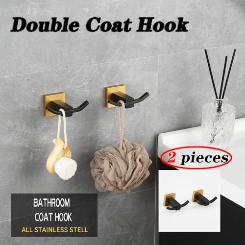 GERZWY Bathroom Double Coat Hook 2 Pack Stainless Steel Towel Hook Wall Mounted Clothes Hook for Bath Kitchen Black & Gold