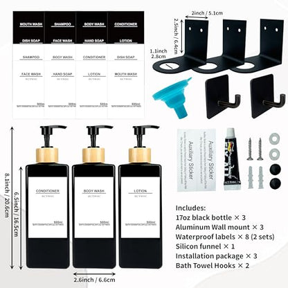 Shampoo and Conditioner Dispenser, No Drill, 16 Waterproof Labels | Shampoo Dispenser for Shower Wall, Shower Soap Dispenser Wall Mounted 3 Chamber, Bathroom, 17oz, Bamboo Black - color: Black Bottle + Bamboo Pump