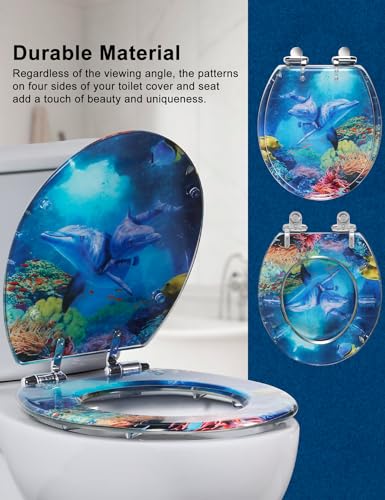 Angol Shiold ROUND Resin Toilet Seat Slow Close Blue Dolphins 16.5" | Quick Release Heavy Duty Acrylic Decorative Toilet Seats Easy to Install&Clean (Blue Dolphins) - color: Blue Dolphins Ocean