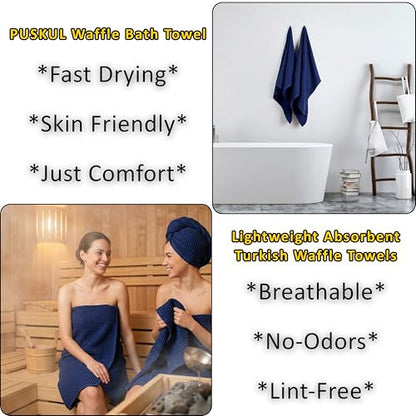 PÜSKÜL 2-Piece Natural 100% Turkish Cotton Waffle Bath Towels Extra-Large | Navy Blue, 32x63" Bath Sheet Towel, Light Soft Absorbent Quick-Dry Lint-Free Premium Honeycomb Weave Oeko-Tex Made in Turkiye - color: Navy Blue, size: Bath Towels - Pack of 2