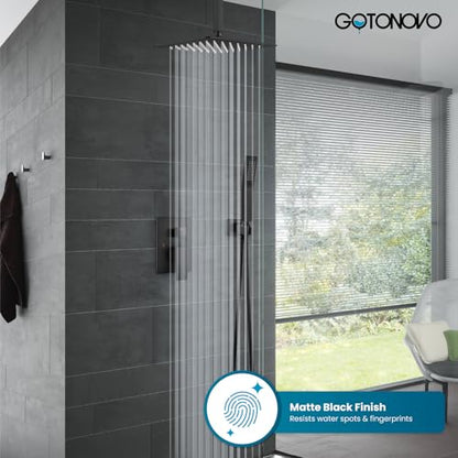 gotonovo Ceiling Shower System with Handheld Matte Black,12 inch Head | Ceiling Mount Bathroom Shower Faucet Set,SUS304 Rainfall Head and Handle Set Combo,Brass Valve Trim Kit,All Metal - color: Black, size: 12 inch Head