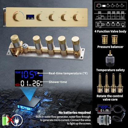 Shower Faucet Set Ceiling 20x14 inch LED Shower Head, Temperature Display Thermostatic Shower Valve, and Two 8-inch Wall Mounted Shower Heads Handheld Combination (Brushed Gold) - color: Brushed Gold