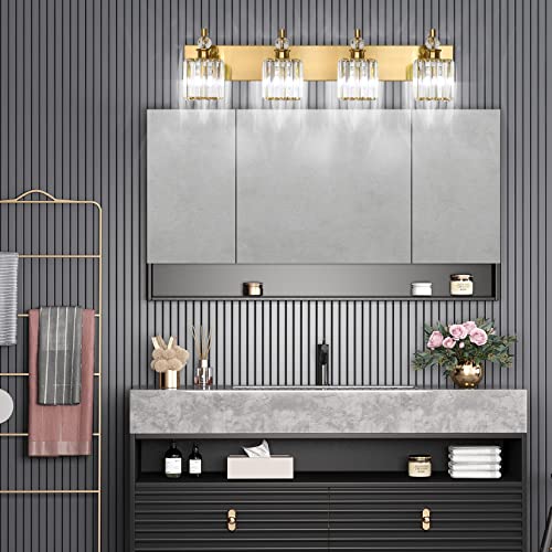 Ralbay Crystal Vanity Lights 4-Lights 31.5''Gold Bathroom Lighting Fixtures Over Mirror Modern Crystal Gold Bathroom Vanity Lights - color: Square-Brass, size: 32 inch