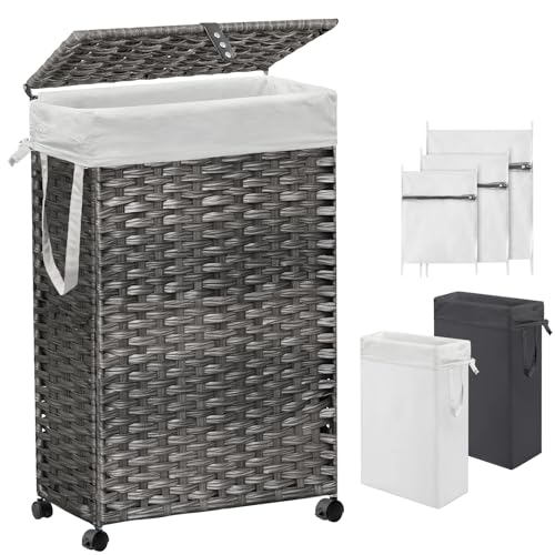 70L Slim Laundry Hamper with Lid & Wheels, Rolling Laundry Basket with 2 Removable Liner Bags & 3 Mesh Bags, Narrow Dirty Clothes Basket, Foldable Handwoven Rattan Laundry Sorter, Grey - color: Grey