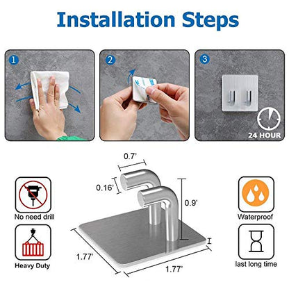Adhesive Hooks Razor Holder Heavy Duty Wall Hooks Stainless Steel Waterproof Hanger For Kitchen Bedroom Bathroom,Stick on Hook Antiskid Hangers Double Hanging Towel Robe Coat Key Brushed Nickel 2-Pack