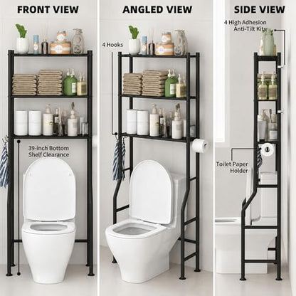 GloTika 3-Tier Over Toilet Storage, Anti-Tilt, 64" H, Black | Anti-Tilt Safety System, 150lb Capacity, Carbon Steel, Freestanding, No Drilling, Anti-Rust Coating, Paper Holder & 4 Hooks - color: Black, size: 3-Tier